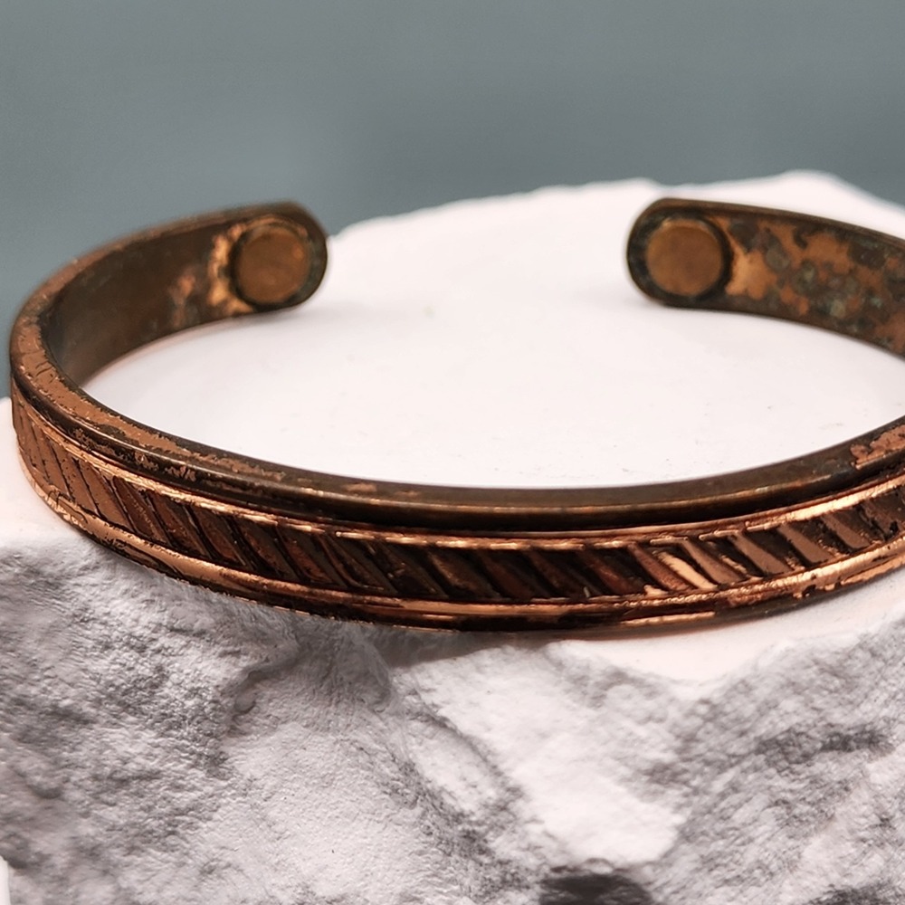 Magnet Cure Copper Tone Open Cuff Bracelet Mixed Metal Braided Magnetic Bangle